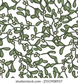 Green mistletoe on white background, Christmas decor seamless vector pattern
