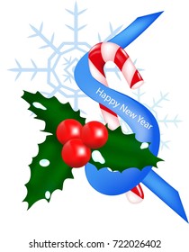Green mistletoe, red berries, snow on leaves, striped lollipop, a New Year's tape, a vector a snowflake, a plant illustration,