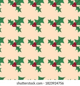 Green mistletoe silhouettes seamless doodle pattern. New year winter artwork on light pink background. Perfect for wallpaper, textile, wrapping paper, fabric print. Vector illustration.