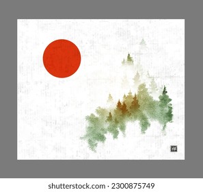 Green misty mountain pine trees and red sun. Traditional oriental ink painting sumi-e, u-sin, go-hua.  Hieroglyph - zen