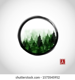 Green misty mountain trees in black enso zen circle on white background. Traditional oriental ink painting sumi-e, u-sin, go-hua. Hieroglyph - beauty.