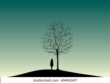 Green misty sky over mysterious old tree and lonely girl silhouette
vector dark nature illustration