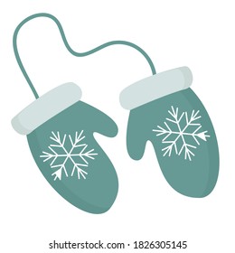 Green mittens with elastic bands with snowflakes, isolated on white. Vector illustration.