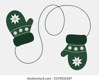 Green mittens with winter pattern. Warm accessory for winter. Decorative element for Christmas design. Flat vector illustration