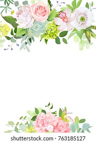 Green mix of hydrangea, succulents, echeveria, eucalyptus, wildflowers, white poppy, rose, peony, orchid, carnation, herbs and plants vector design frame All elements are isolated and editable