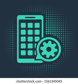 Green Mobile Apps and gear icon isolated on blue background. Adjusting app, service concept, setting options, maintenance, repair, fixing. Abstract circle random dots. Vector Illustration