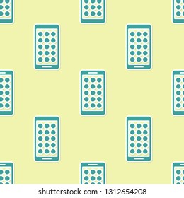Green Mobile Apps icon isolated seamless pattern on yellow background. Smartphone with screen icons, applications. mobile phone showing screen. Vector Illustration