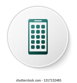 Green Mobile Apps icon isolated on white background. Smartphone with screen icons, applications. mobile phone showing screen. Green circle button. Vector Illustration
