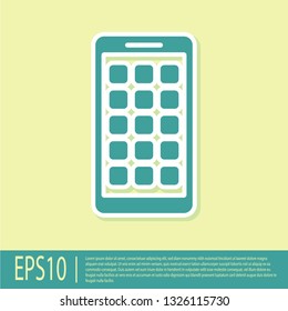 Green Mobile Apps icon isolated on yellow background. Smartphone with screen icons, applications. mobile phone showing screen. Flat design. Vector Illustration