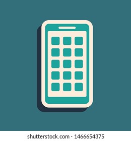 Green Mobile Apps icon isolated on blue background. Smartphone with screen icons, applications. mobile phone showing screen. Long shadow style. Vector Illustration