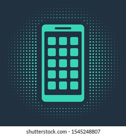 Green Mobile Apps icon isolated on blue background. Smartphone with screen icons, applications. mobile phone showing screen. Abstract circle random dots. Vector Illustration