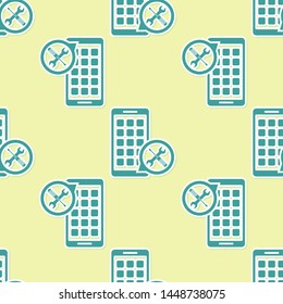 Green Mobile Apps with screwdriver and wrench icon isolated seamless pattern on yellow background. Adjusting, service, setting, maintenance, repair, fixing.  Vector Illustration