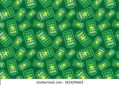 ilustración vectorial batería móvil verde batería de potencia completa eléctrica repetida estilo de dibujos animados de patrón sin fisuras. Estupendo para el embalaje de tela