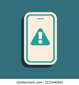 Green Mobile phone with exclamation mark icon isolated on green background. Alert message smartphone notification. Long shadow style. Vector