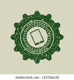 Green mobile phone icon inside distress with rubber seal texture