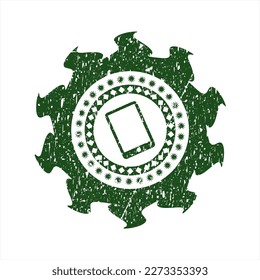 Icono verde del teléfono móvil dentro del sello de goma de la angustia. 