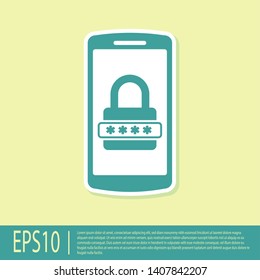 Green Mobile phone and password protection icon isolated on yellow background. Security, safety, personal access, user authorization, privacy. Vector Illustration