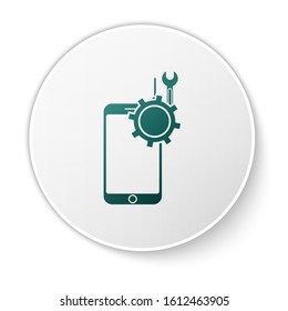 Green Mobile phone with screwdriver and wrench icon isolated on white background. Adjusting, service, setting, maintenance, repair. White circle button. Vector Illustration