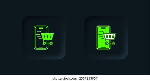 Green Mobile phone and shopping cart icon isolated on black background. Online buying symbol. Supermarket basket symbol. Black square button. Vector