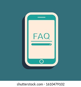 Green Mobile phone with text FAQ information icon isolated on blue background. Frequently asked questions. Long shadow style. Vector Illustration