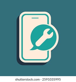 Green Mobile phone with wrench icon isolated on green background. Adjusting, service, setting, maintenance, repair. Long shadow style. Vector