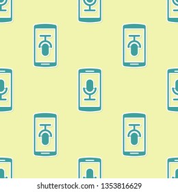 Green Mobile recording icon isolated seamless pattern on yellow background. Mobile phone with microphone. Voice recorder app smartphone interface. Flat design. Vector Illustration