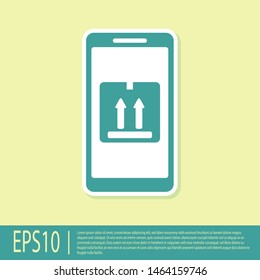 Green Mobile smart phone with app delivery tracking icon isolated on yellow background. Parcel tracking.  Vector Illustration