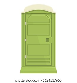 Green mobile toilet showing a closed door standing on a white background