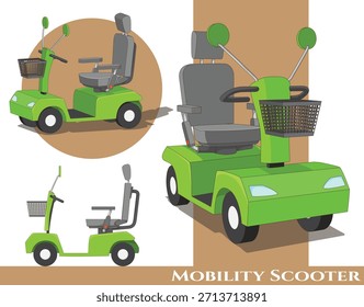 Un scooter de movilidad verde visto a través de tres ángulos diferentes.