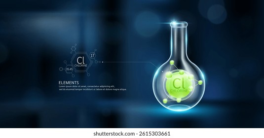 Green model Chlorine (Cl) molecules in glass beaker sphere test tube on dark background with atomic mass atomic number. Minerals sample science experiment. Scientific research. Vector.