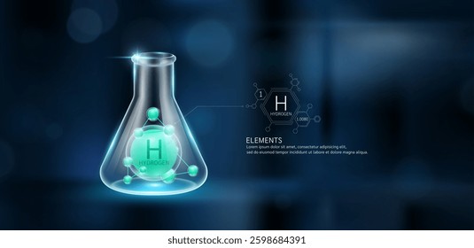 Green model hydrogen molecules in glass beaker triangle test tube on dark blue background. Minerals sample science experiment. Scientific research concept. Vector EPS10.