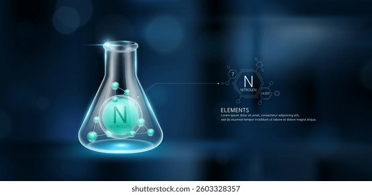 Green model nitrogen (N) molecules in glass beaker triangle test tube on dark background with atomic mass atomic number. Minerals sample science experiment. Scientific research. Vector.