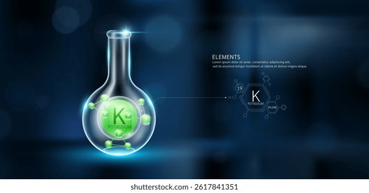 Grünes Modell Kalium (K) Moleküle in Glasbecherkugel Teströhre auf dunklem Hintergrund mit atomarer Masse Atomnummer. Mineralien Probe wissenschaftlichen Experiment. Wissenschaftliche Forschung. Vektor.