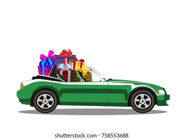 Green modern cartoon cabriolet car full of gift boxes isolated on white background. Sports car. Vector illustration. Clip art. 