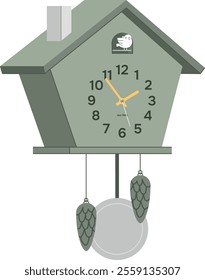 green modern cuckoo clock. contemporary time measuring device  in shape of house isolated on transparent background. neat vector illustration of pendulum clock. nowadays interior design element.