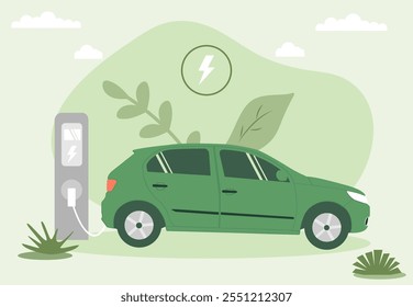 Green modern electric car and electric car charger in flat style. Ecological transport, technology and electricity concept. Green banner. Vector