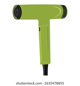 Secador de cabelo moderno verde com cordão preto e ventilação isolados no vetor de fundo branco