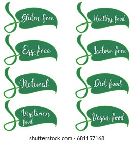 Green modern handwriting gluten free, egg free, lactose-free, natural, vegetarian, vegan, healthy food vectors logos for menus, restaurants, hotels, decoration, banner, label, tag design, sign