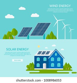 Green modern house with solar panels and wind turbine. Eco friendly alternative energy. Ecosystem infographics. Flat vector illustration.