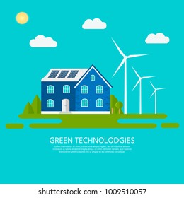 Green modern house with solar panels and wind turbine. Eco friendly alternative energy. Ecosystem infographics. Flat vector illustration.