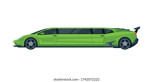 Green Modern Limousine Car, Elegant Premium Luxurious Limo Vehicle, Side View Flat Vector Illustration