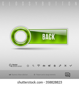 Green modern plastic button with circle on the gray background. Vector design element.