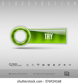 Green modern plastic button with circle on the gray background. Vector design element.