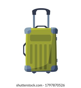 Green Modern Plastic Suitcase on Wheels, Summer Vacation Object, Traveling and Tourism Vector Illustration on White Background
