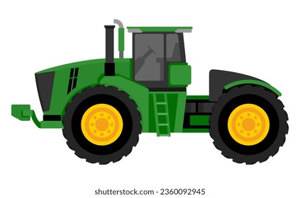 Green modern tractor in side view. Agricultural technics.