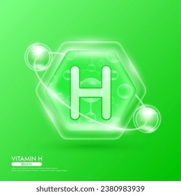 Green molecule atom vitamin H in hexagon. Surrounded by collagen solution hyaluronic acid serum and moisturizer. Essential to the health skin care. For cosmetic beauty nutrition. Vector EPS10.