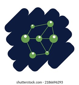 A green molecule on a dark blue abstract background. The topic of science.