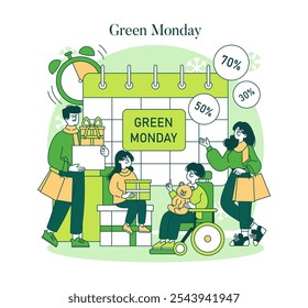 Green Monday concept. Consumers enjoying discounts on sustainable products, promoting eco-friendly shopping habits. Illustration captures the essence of a greener lifestyle. Vector illustration.