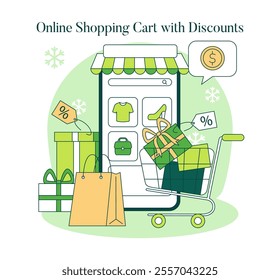 Green Monday concept. Digital cart loaded with gifts hinting at online shopping deals. Winter sale allure, eco-friendly spending trend. Vector illustration.