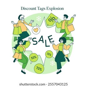 Green Monday concept. Euphoric shoppers celebrate with discount tags amidst a sale event. Discount explosion, joyful spending spree, retail therapy. Vector illustration.